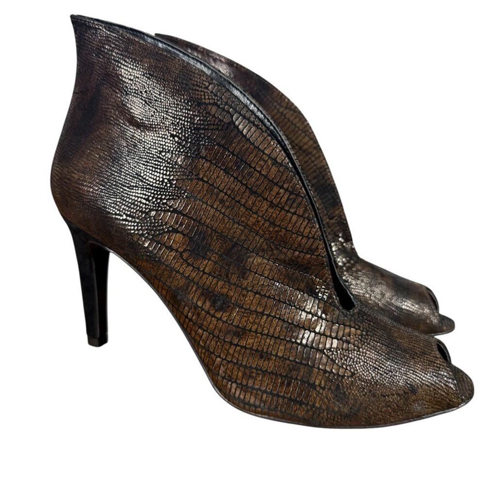 J Renee Rilla Snakeprint High Heel Peep Toe Brown Leather Shoes Slip On sz 8 M